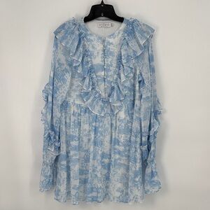 🎸 In the Style toile Long Sleeve Blue Ruffled Dress